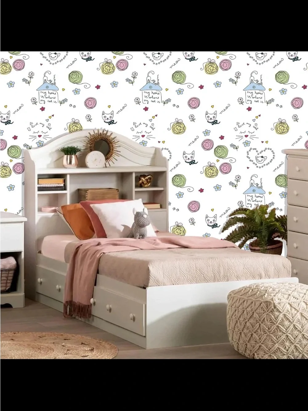 3 Rolls of Cute Cat & Floral Pattern Print Peel and Stick Wallpaper